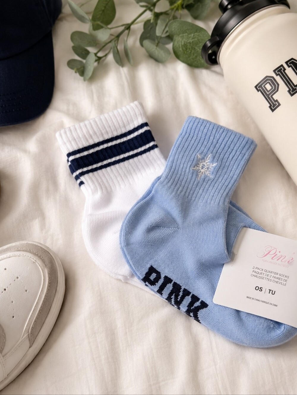 Victoria’s Secret PINK 2-Pack Quarter Socks Blue White OS